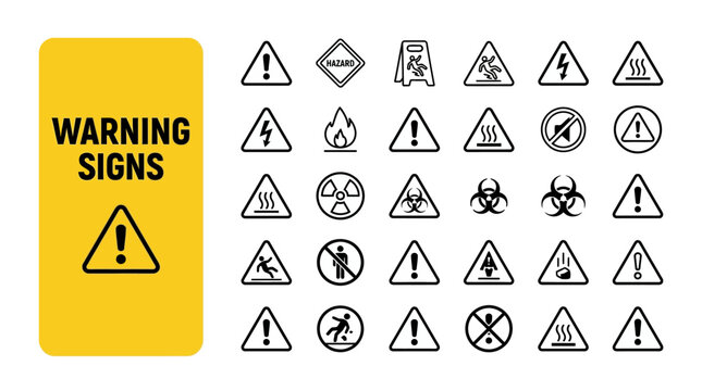 Comprehensive Collection of Universal Safety and Hazard Warning Icons for Workplace and Industrial Signage Systems