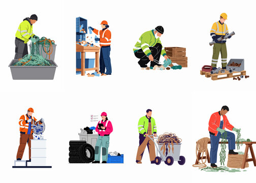 Illustration set of professional waste management workers sorting, collecting, and recycling various materials like plastic, metal, tires, and ropes for environmental sustainability.