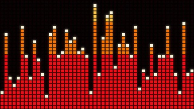Fiery red LED wall equalizer bars, stage screen background seamless loop 4K