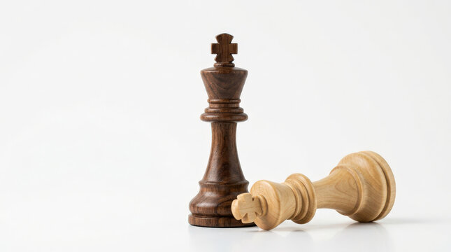 Overturned chess piece next to standing king on white background strategy concept