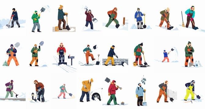 Collection of flat vector illustrations showing people in winter gear removing snow using various tools like shovels, snowblowers, and brooms.