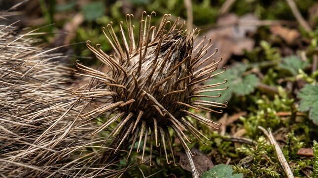Macro photograph showing dried burdock burr seed head resting on forest floor near fur.