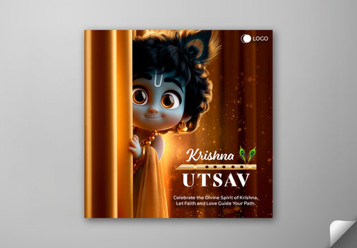 Editable Happy Krishna Utsav Social Media Greeting Post Template with 3D Cute Little Bal Krishna Peeking from Golden Curtain Illustration.