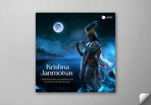 Editable Happy Krishna Janmashtami Social Media Greeting Post Template with Lord Krishna Playing Flute Under Full Moon Sky Blue Background.