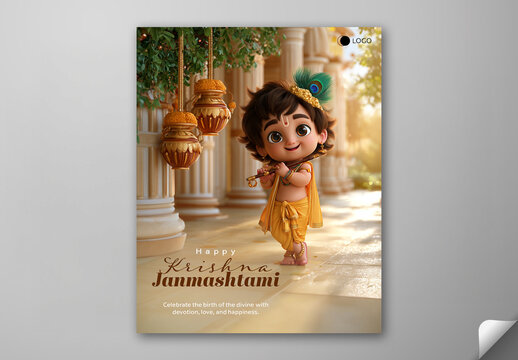 Editable Happy Krishna Janmashtami Social Media Greeting Post Template with 3D Cute Little Krishna Holding Flute and Hanging Dahi Handi Pots on Tree Branch.