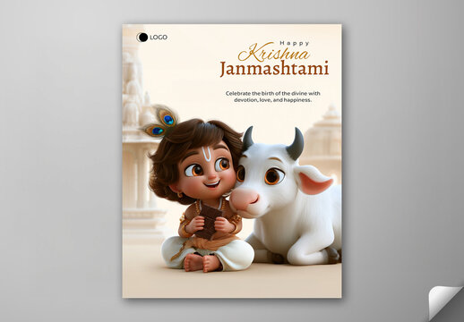 Editable Happy Krishna Janmashtami Social Media Greeting Post Template with 3D Cute Bal Gopal Holding Chocolate and White Cow Near Temple Background.