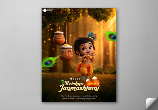 Editable Happy Krishna Janmashtami Social Media Greeting Post Template with 3D Cute Little Krishna Playing Flute and Hanging Dahi Handi Pots on Tree Branch.