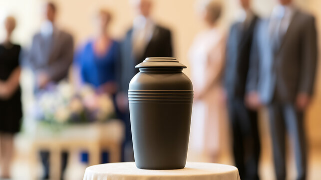 A dignified close-up of a dark cremation urn on a white draped table, with a blurred background of mourners at a solemn service