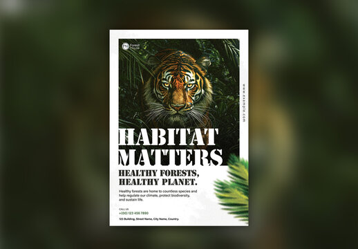 Editable Wildlife Habitat Conservation Awareness Flyer Template Design with Tiger Face Illustration.