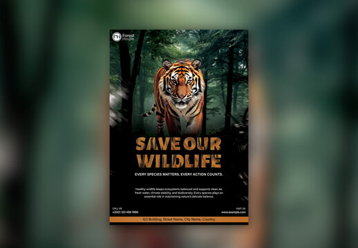 Editable Wildlife Conservation Awareness Poster Template Design with Tiger in Forest and Environmental Protection Message.