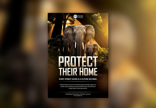 Editable Wildlife Protection Awareness Flyer Template Design with Elephants in Forest on Sunny Day Photo.