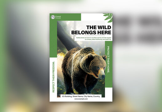 Editable Wildlife Conservation Awareness Poster Template Design with Bear in Forest and Environmental Message.