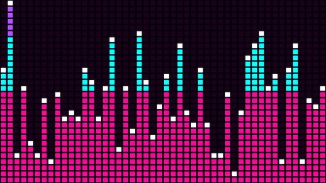 Neon pink and cyan LED wall equalizer bars, stage screen background seamless loop 4K