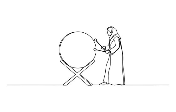Continuous one line drawing of a woman in hijab playing a traditional bedug drum
