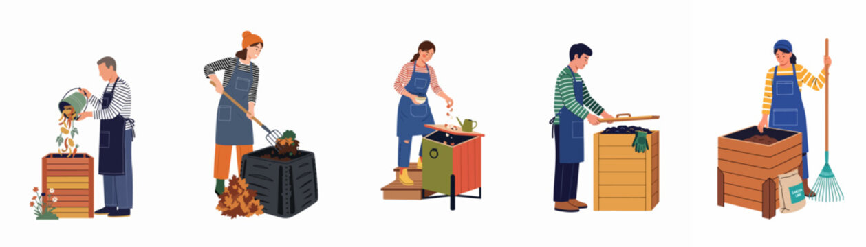 Set of diverse people composting kitchen scraps and garden waste in various bins, promoting eco-friendly practices and sustainable organic gardening through vector illustration.