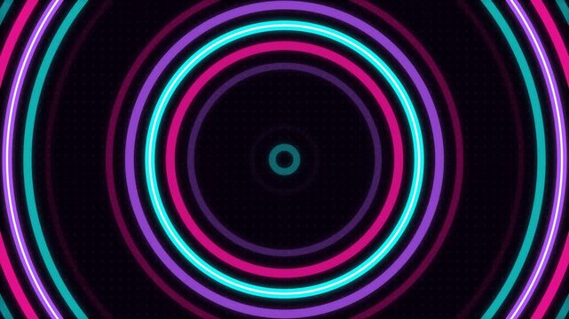 Neon pink and cyan LED wall concentric rings, stage screen background seamless loop 4K