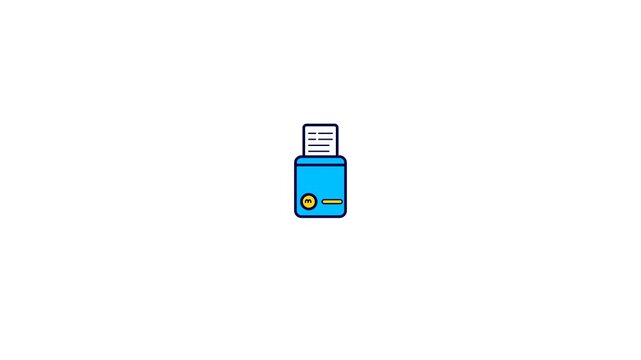 Printer icon animation, a small blue printer with a yellow button and a paper coming out of it, on a white background.