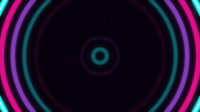 Neon pink and cyan LED wall concentric rings, stage screen background seamless loop 4K 024