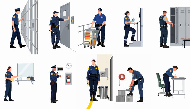 Collection of Correction Officers and Prison Guards Performing Various Daily Duties and Security Tasks in Flat Vector Illustration Style