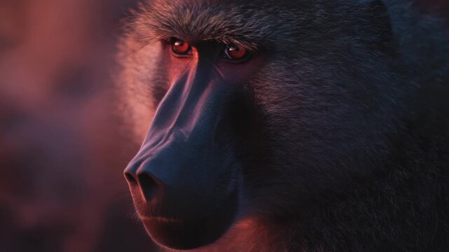 Intense close-up of a monkey's face, showcasing its expressive features and eyes.