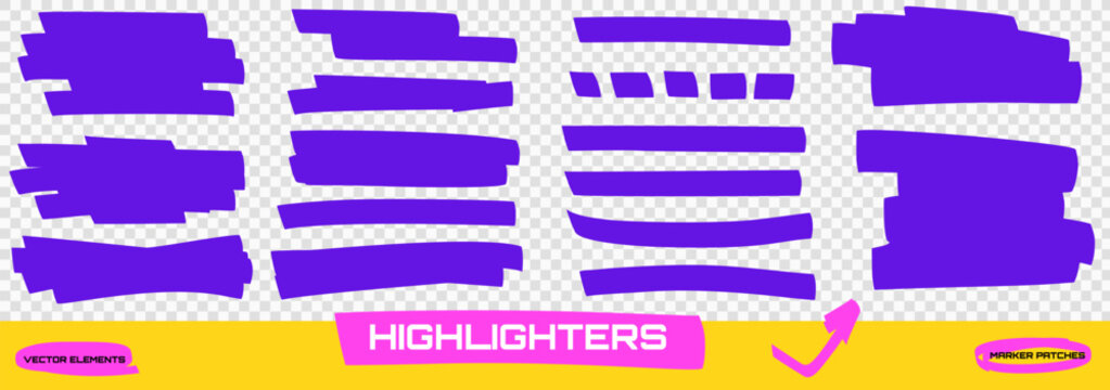 Purple highlight marker patches with text emphasis swipes and felt tip marks. Bold underline shapes and element strokes for highlight text notes. Vector marker set on checker backdrop as png isolated