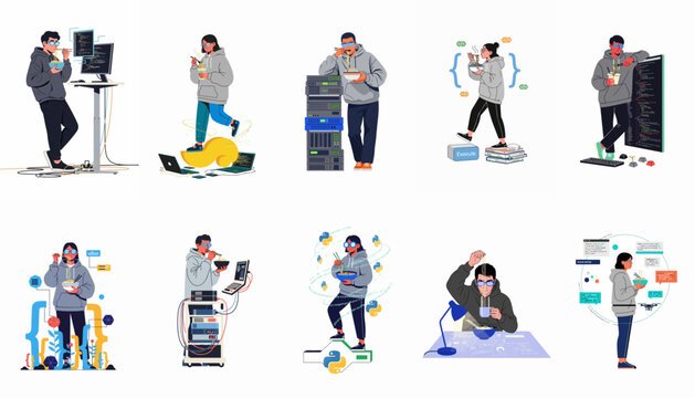 Flat illustrations of diverse developers and programmers multitasking by eating ramen noodles while coding, managing servers, and working on software projects.