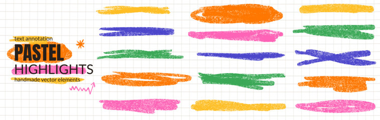Crayon highlight strokes on notebook grid with orange, pink and blue. Underline and streaks brush pencil texture for education. Colorful vector crayon elements with kid highlight shapes isolated