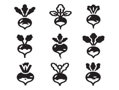 Set of radish solid black silhouette icons featuring various root vegetable shapes in a minimalist vector illustration style