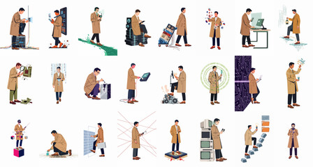 Set of vector illustrations depicting a professional man engaging with technology, hardware, data, and digital security in diverse conceptual scenes. © Juan