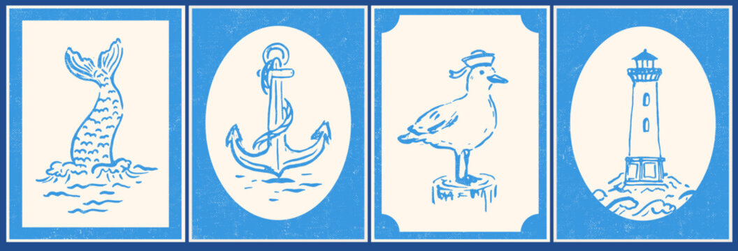 Sea, nautical illustrations set. Summer naive wall art. Waves, seagull, mermaid tail, anchor, lighthouse. Handdrawn cute style. Design for card, poster, stamp.