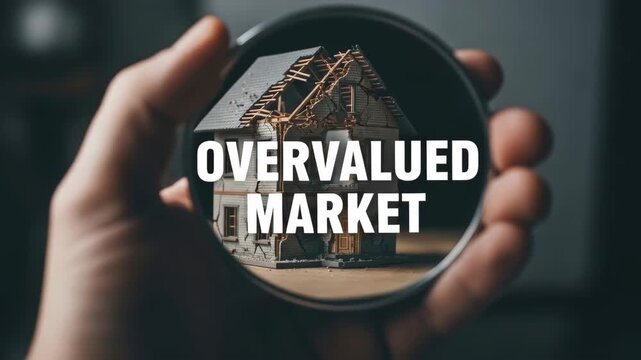 Overvalued housing market bubble with damaged miniature house viewed through magnifying glass symbolizing market risk and real estate instability
