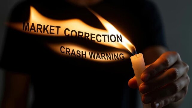 Market correction crash warning candle flame burning paper symbolizing housing market bubble risk financial instability dark background market