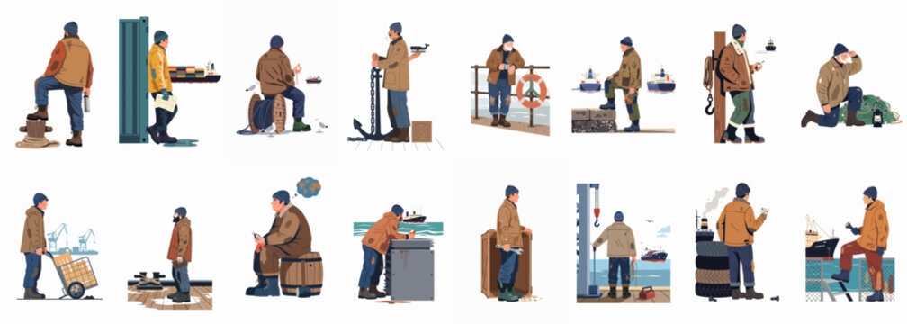 Flat vector illustration set featuring various sailors and dockworkers engaged in maritime activities such as shipping, fishing, and maintenance in a harbor setting.