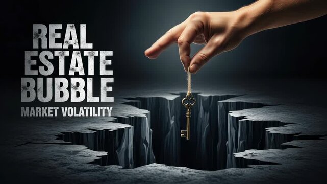 Real estate housing market bubble concept with hand holding key over deep crack symbolizing market volatility financial risk and housing market crack