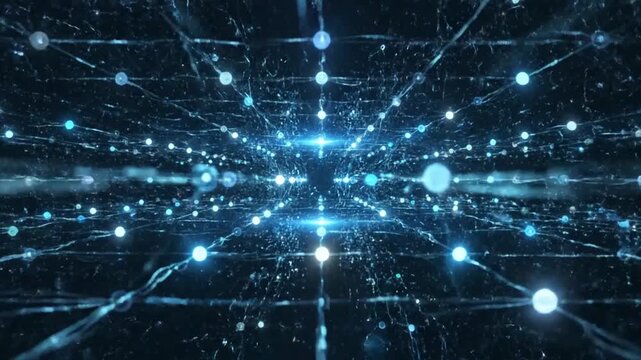 Abstract digital network with bright blue glowing spheres connected by thin lines creating a sense of depth and interconnectedness