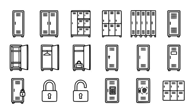 Locker outline vector icon set with gym school storage cabinet and fitness locker symbols isolated illustration