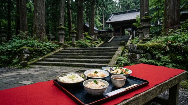 Yuba meal by a forest temple