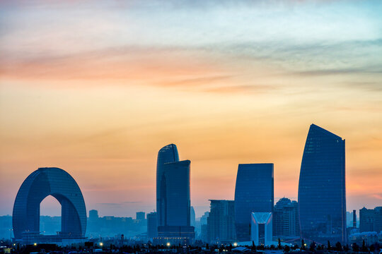 Baku Waterfront Skyline at Sunset