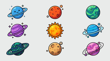 Cartoon planets and sun solar system icons © Valee