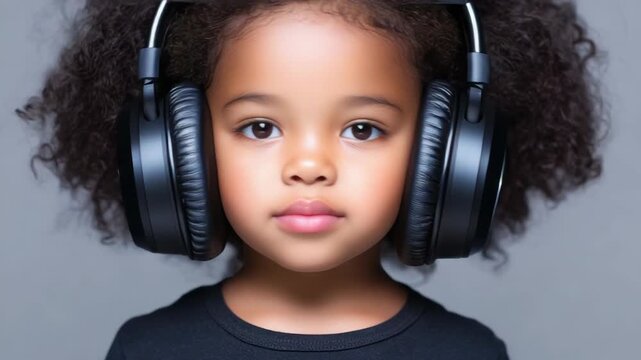 A young girl wearing black headphones on her head. She has curly hair and is looking directly at the camera.