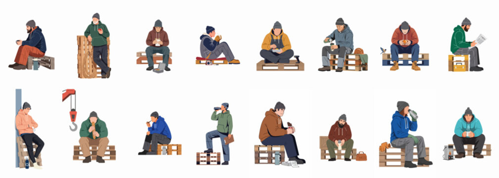 Diverse Set of Male Construction and Industrial Workers Taking a Break on Wooden Pallets in Flat Illustration Style