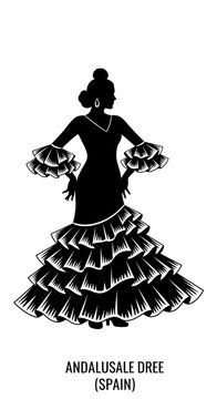Flamenco dancer silhouette in traditional Andalusian dress, Spanish woman in ruffled gown vector, black and white folk dance illustration