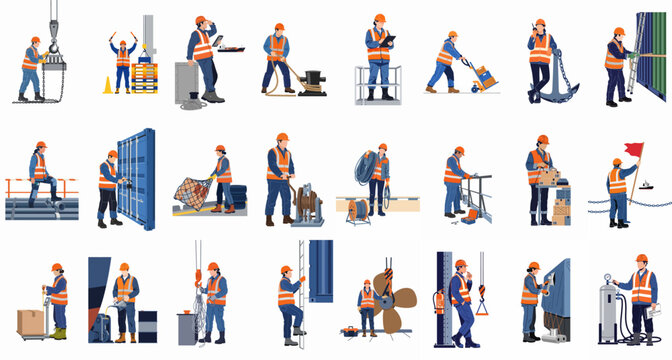 Collection of vector illustrations depicting port workers, logistics personnel, and industrial staff performing diverse maritime and warehouse tasks in high-visibility safety gear.