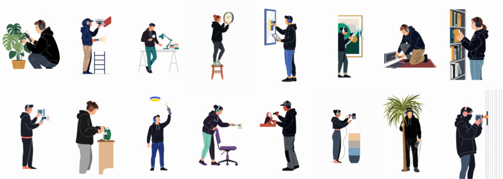 Flat vector illustrations of agents and technicians searching for hidden surveillance devices in common home objects, depicting espionage and security sweep concepts.
