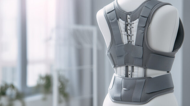 Adjustable orthopedic posture corrector brace with spinal support displayed on mannequin in bright medical clinic. Healthcare device for posture improvement, back alignment, rehabilitation and recover