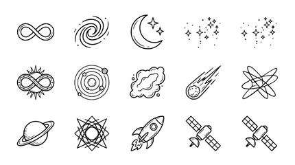 Cosmic doodle icons: galaxy, moon, stars, rocket, satellite, planet, comet © Ceblok