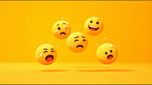 Diverse emotional emojis floating on a warm yellow background