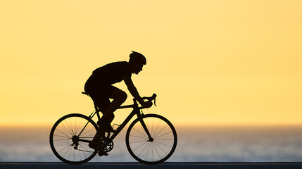 Obraz premium Silhouette of a male cyclist on a road bike cycling along a coastal path at sunset, highlighting health, freedom, and endurance against a vast ocean backdrop