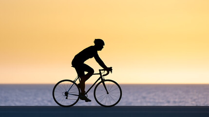 Obraz premium Silhouette cyclist ride bicycle road alongside ocean horizon during tranquil golden hour sunset or sunrise, active sport and healthy lifestyle