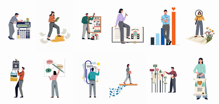 Comprehensive collection of flat vector illustrations depicting non-profit organization management, financial accounting, community center activities, and social impact report analysis.